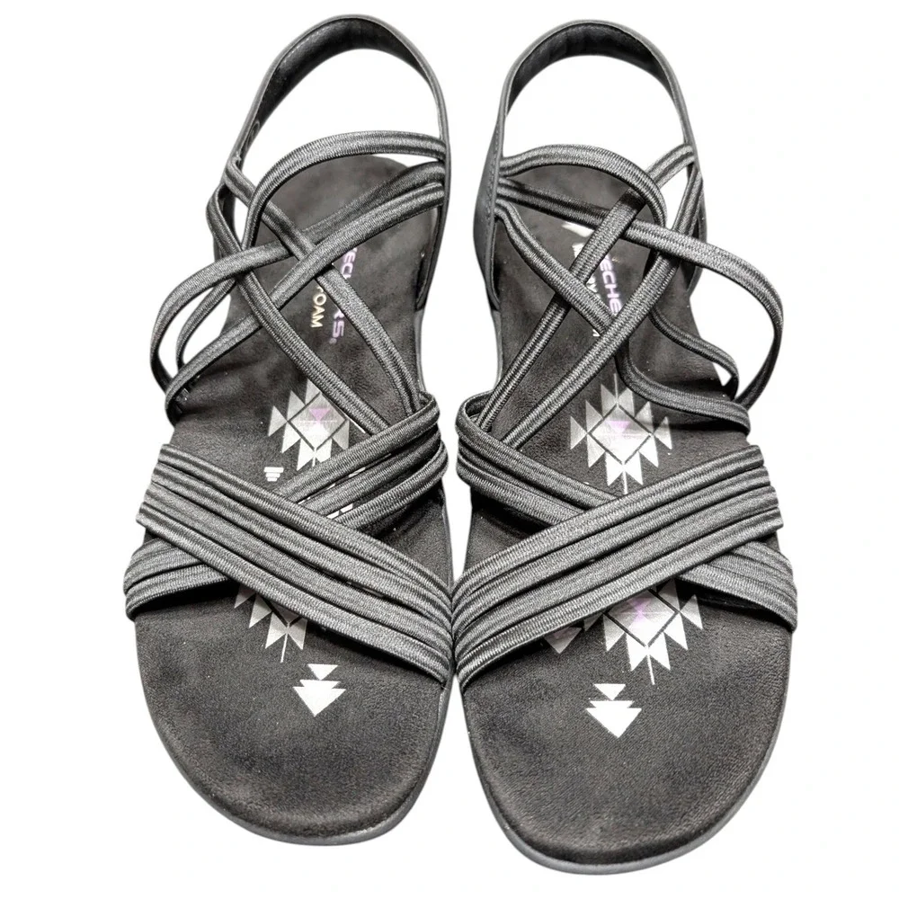 Skechers Reggae Slim Vacay Black Strappy Memory Foam Sandals Womens 7